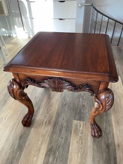 Vintage Carved Wood End Table - Claw Foot