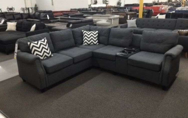 Grey sectional sofa with USB connection