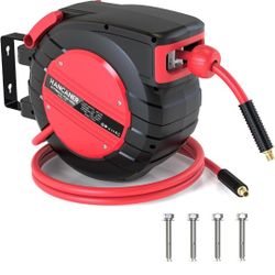Hancaner Retractable Air Hose Reel, 3/8 IN x 50 FT Hybrid Hose Air Max 350 PSI, Air Compressor Hose Reel with 5 FT Lead in, 180° Swivel Mount
