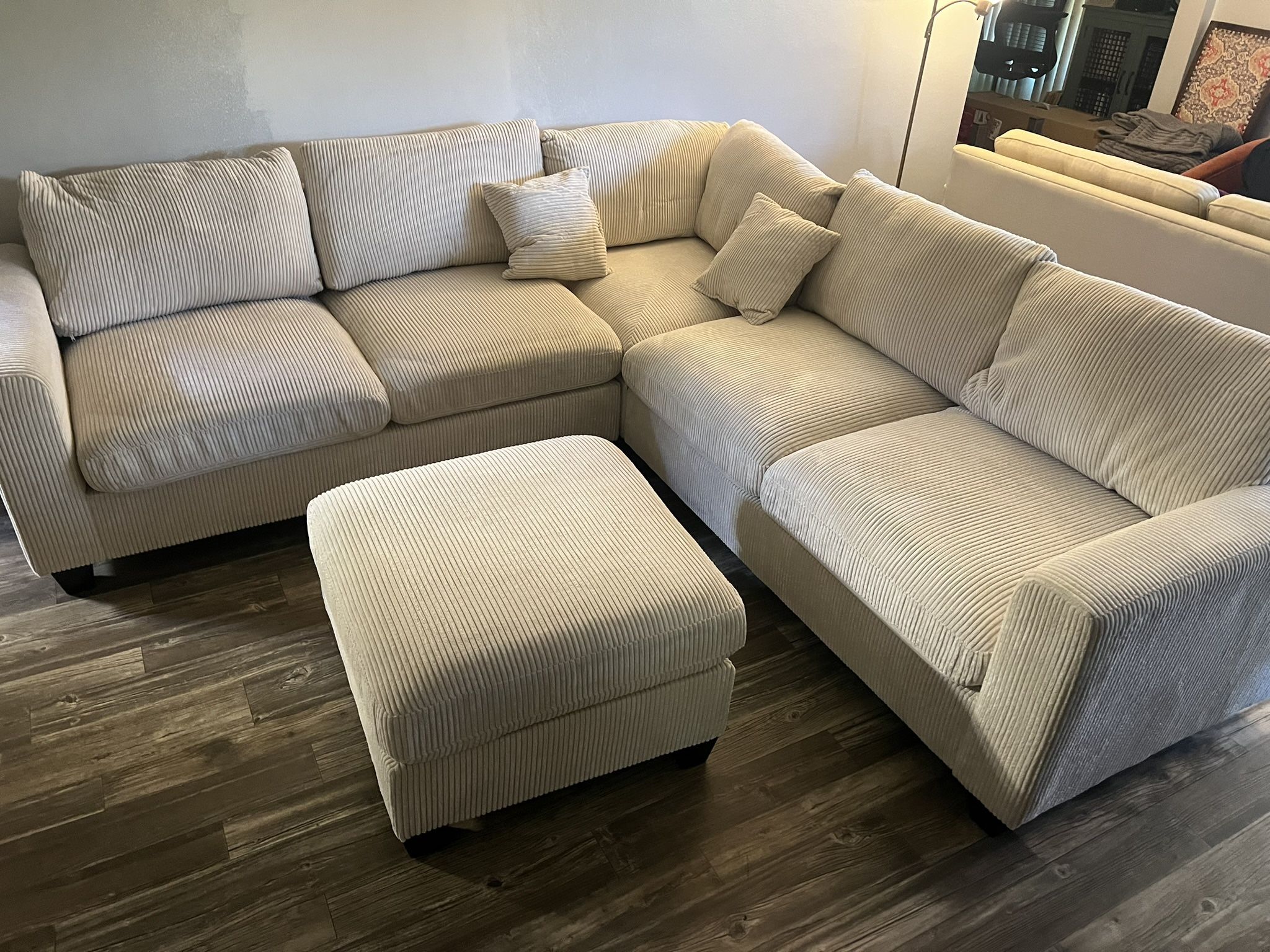New Corduroy Fabric Sectional. Off White / Beige. 99” X 99”. Free Delivery!