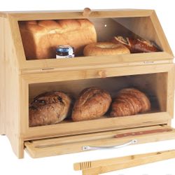Double Layer Bamboo Bread Box for Kitchen Countertop, Cutting Board, and Stainless Steel Bread Knife, Large Capacity Storage Container with Clear Wind