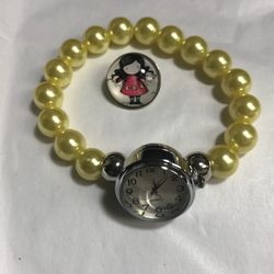 Yellow faux pearl & watch snap bracelet