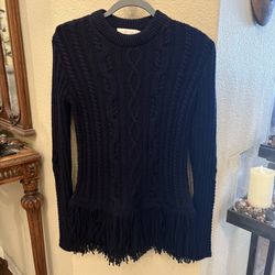 TORY BURCH Women Valero Navy Wool Blend Cable Knit Sweater Fringe Hem Size Small