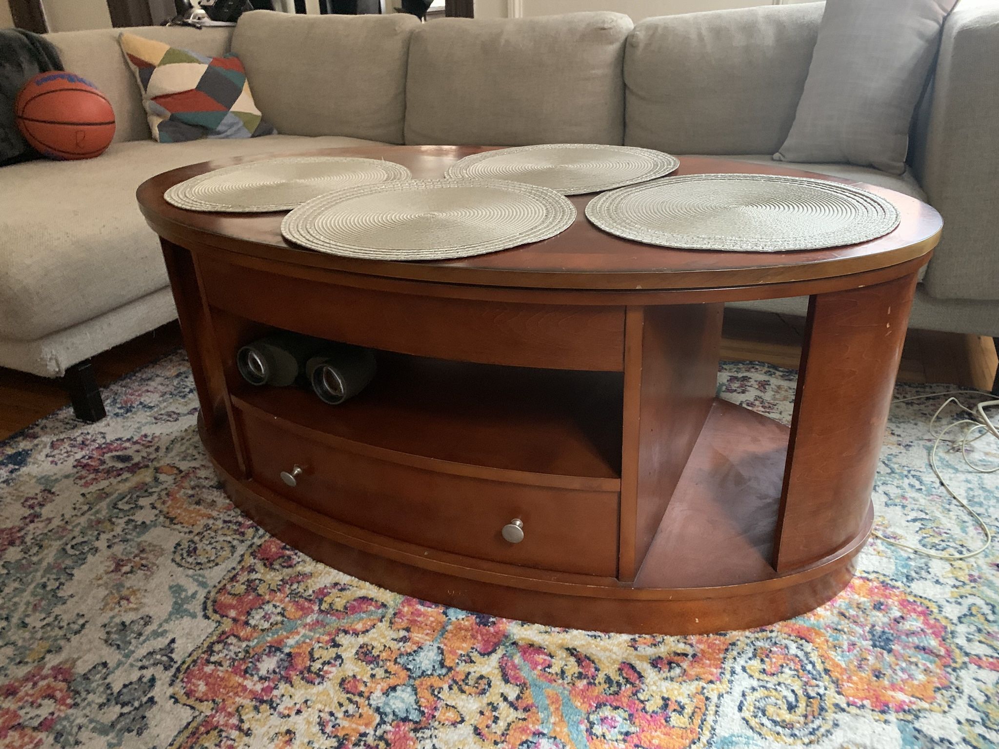 Oval Wood Coffee Table – Solid, Functional, Well-Worn Top