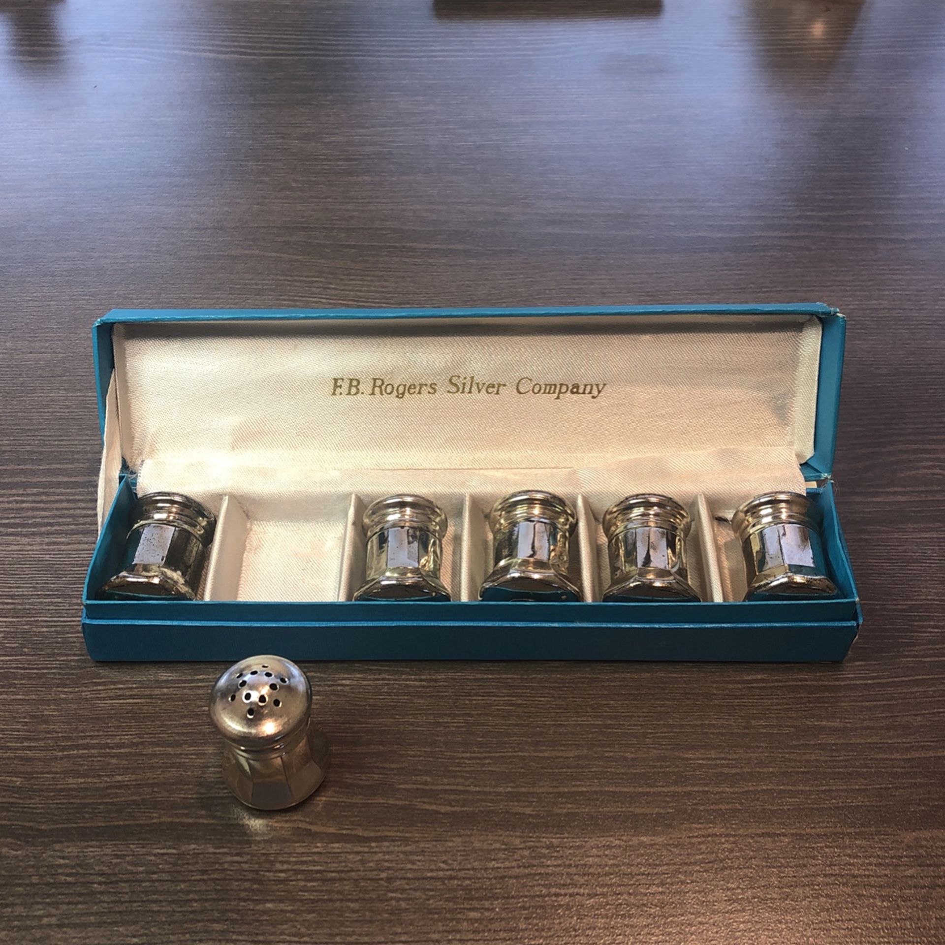 Set of 6 F.B. Rogers Silver Company mini salt & pepper shakers