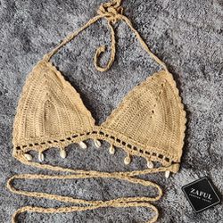 Women Shells Tassel Sexy Bikinis Top Bra Knitted Crochet Swimsuit Beach Swimwear