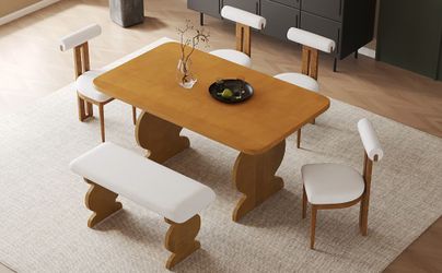 6-Piece Dining Set, Mid-Century Modern Table Set for 6 Persons with 4 Chairs and Bench, Padded Seats and Backrest, Walnut