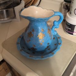 Beautiful Blue Ceramic Pitcher And Dish