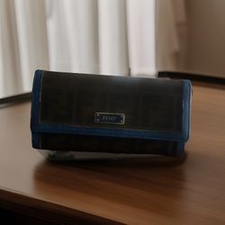 Vintage Fendi Blue/Brown Zucca Coated Canvas And Leather Calfskin Trifold Wallet