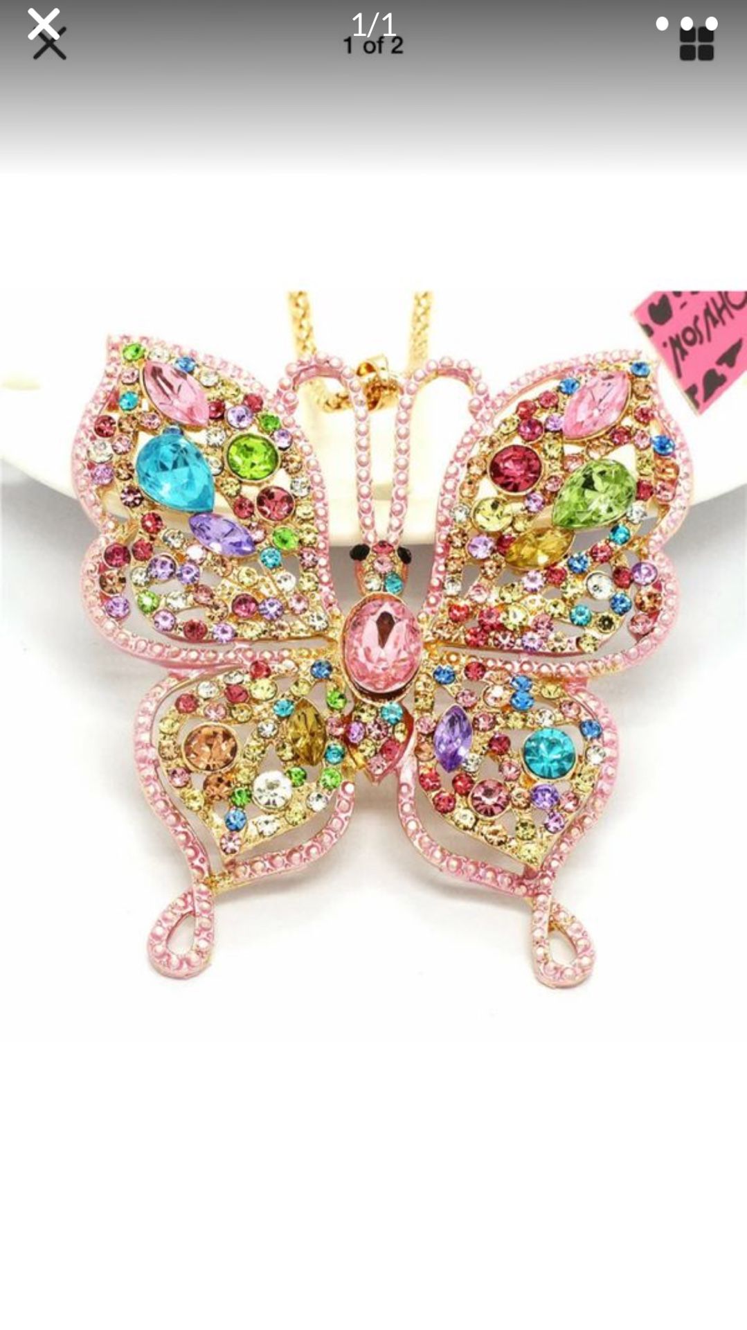 Betsey Johnson rhinestone 3 d Butterfly 3” wide on a gold chain