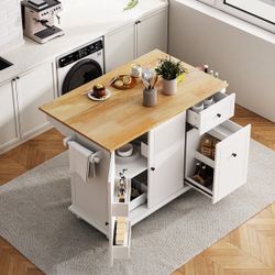 54” Kitchen Island with Removable Kitchen Cart with Foldable Leaf with Built-In Storage Shelves  [NEW] **Assembly Req** 