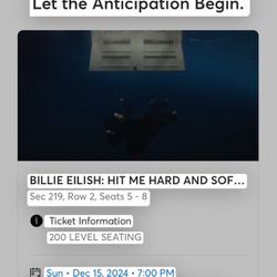 Billie Eilish Sunday 12/15/24 - 4 Tickets -$400 Each