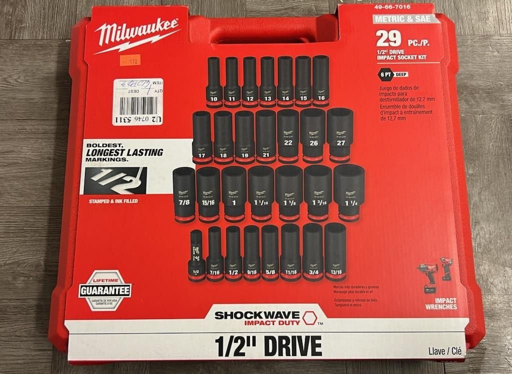 Milwaukee (49-66-7016) Shockwave Impact Duty 1/2 Drive SAE & Metric Deep 6 Point Socket Set
