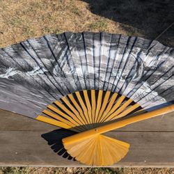 59" Large Asian Folding Wall Fan Bamboo Frame with Mountain Landscape Cranes