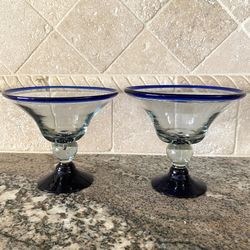 Margarita Glasses Cobalt Blue Rim Pedestal Hand Blown Bubble Glass Vintage Wine