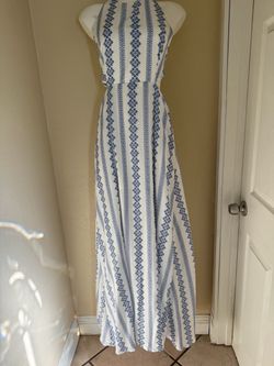 White and Blue Floral Stripe Halter Maxi Dress