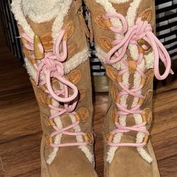 Timberland Brown Leather Tall Winter Boots Wool Lined Girls Size 2.5