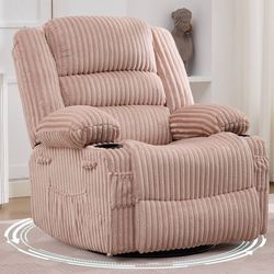 Pink Corduroy Swivel Recliner Chair with Cup Holders