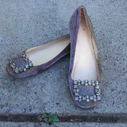 Kate Spade Women’s 6.5 Metallic Purple Crystal Buckle Flats Glitter Ballet Shoes