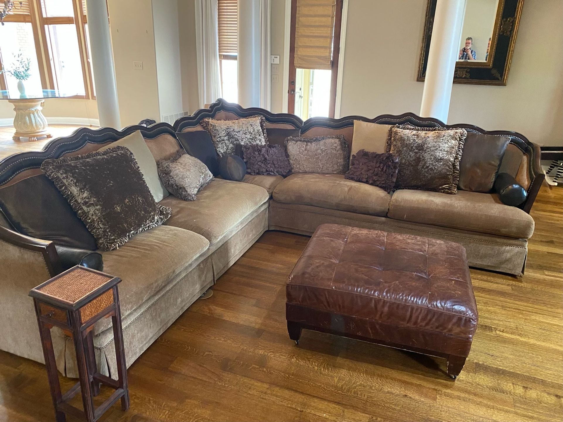 Fluffy Tan & Brown Sectional Couch With Feathered Cushion