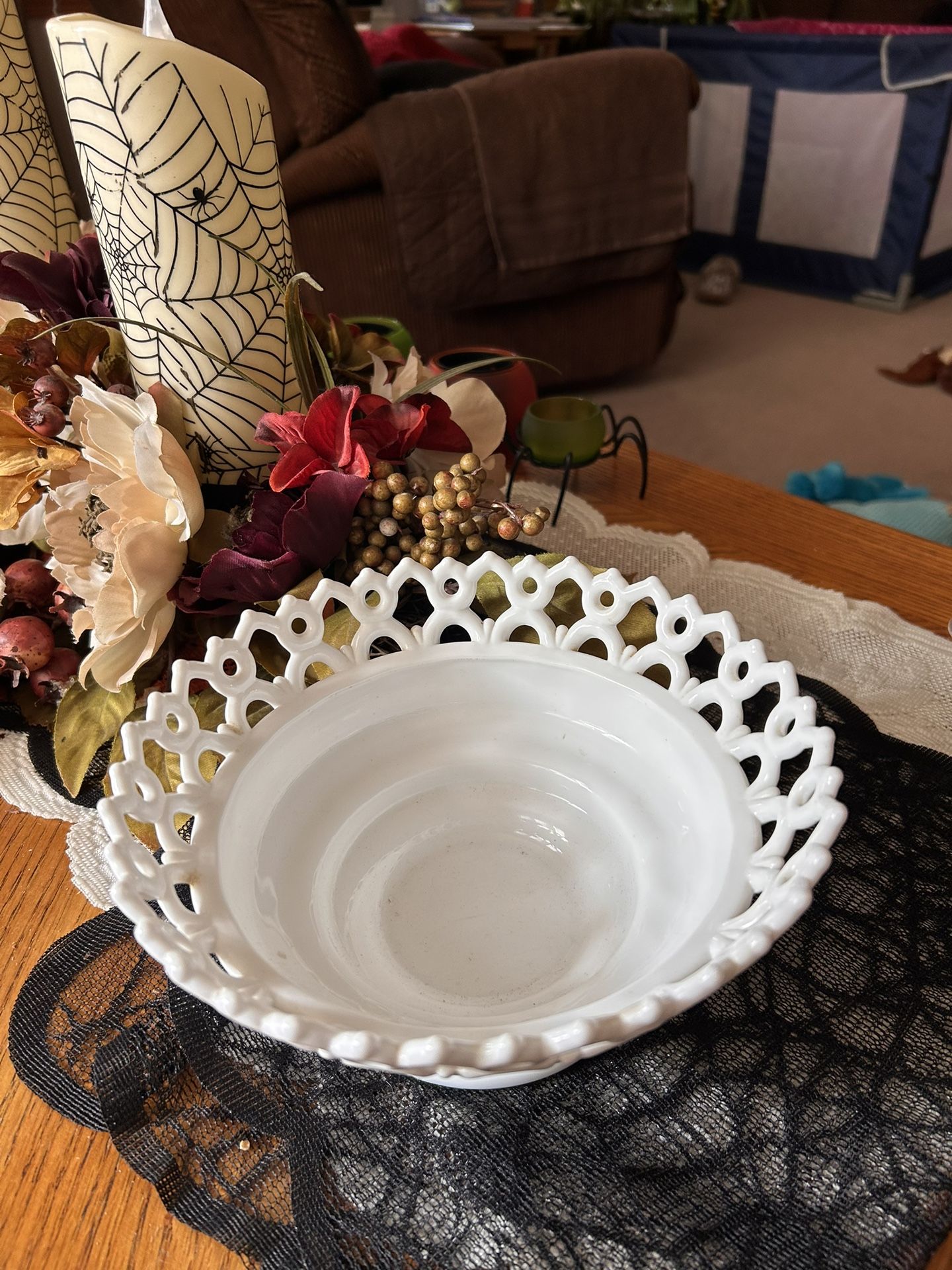 Vintage Milk Glass Compote Bowl Lace Dancing Teddy Bear Design