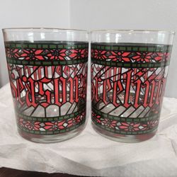 Vintage Houze "Season's Greetings" glasses- Red trim