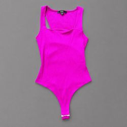 Lulus Hot Pink Ribbed Bodysuit Size S Stretch Square Neck Cutout Back