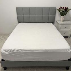 Modern Grey Upholstered Queen Bed And Memory Foam Mattress (Complete Set)