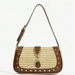 Women Shoulder Bag, Hobo Bag, Straw Woven Bag, Straw Bag, Splicing Brown PU, Fashionable, Elegant, Simple, Personalized, Versatile, 
