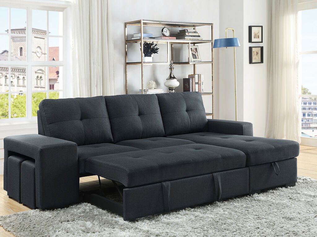 Pull Out Sleeper Sectional Sofa With Reversible Storage Chaise In Dark Grey Fabric