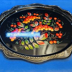 Vintage Beautiful Hand Painted Zhostovo Black Metal Tray