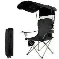 Folding Camping Chair with Shade Canopy, Heavy Duty Steel Frame with Cup Holder, Black
