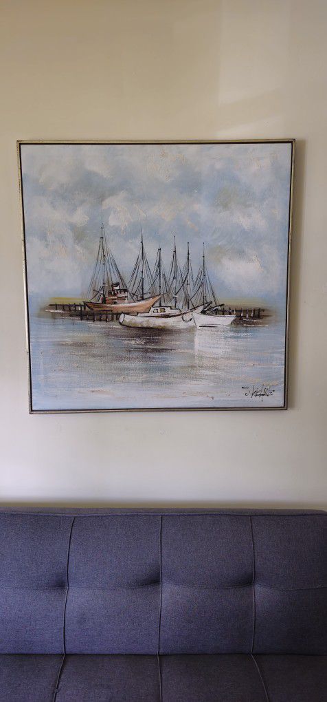 Vintage Sailboat Painting Signed J Keane 37" X 37"