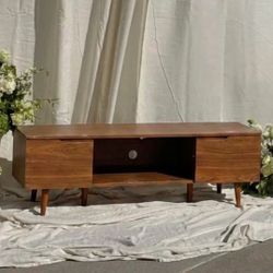 59.2 W x 15.75 D x 16.9 H inches Project Vintage/Retro-style tv stand w/ open & closed storage MCM brown wood