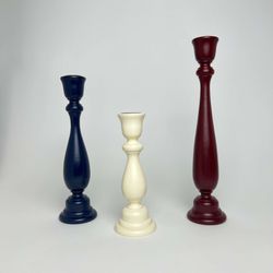Vintage Red, White, and Blue Vintage Solid Wood Candle Stick Holders 