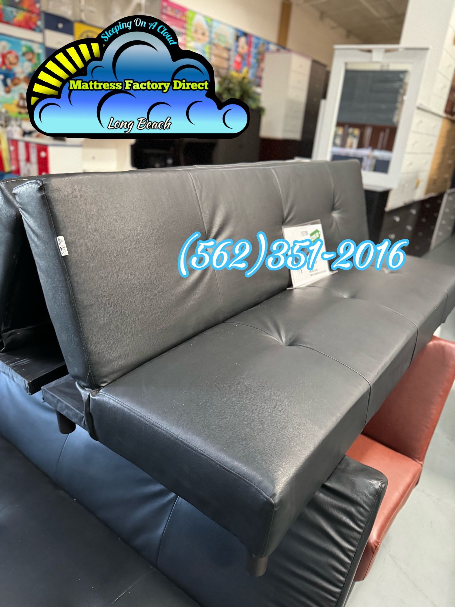 Foldable Black Leather Futon Couch