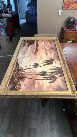 Large Framed Tropical Sunset Oil Painting