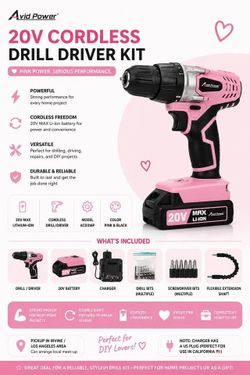 🔧💖 Avid Power 20V Cordless Drill Driver Kit (Pink) + Accessories