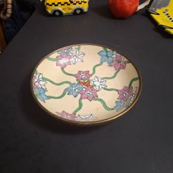 Brass Encased Japanese Porcelain Ware Floral Chintz Hand-painted Dish Decorated In Hong Kong Vintage Mid 20th Century 7.5"W