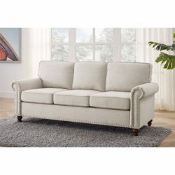 Home 78" Round Modern Classic Linen Blend Fabric Arm Sofa in Beige