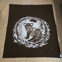 Vintage Tekstilana Kocevje Blanket Brown Lion Cubs Animal 59 x 67"
