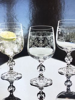 Set Of 6 Etched Bohemia Czech “Cascade” Goblets-340 ml. Fine Lead Crystal. Never Used. In Original Box.