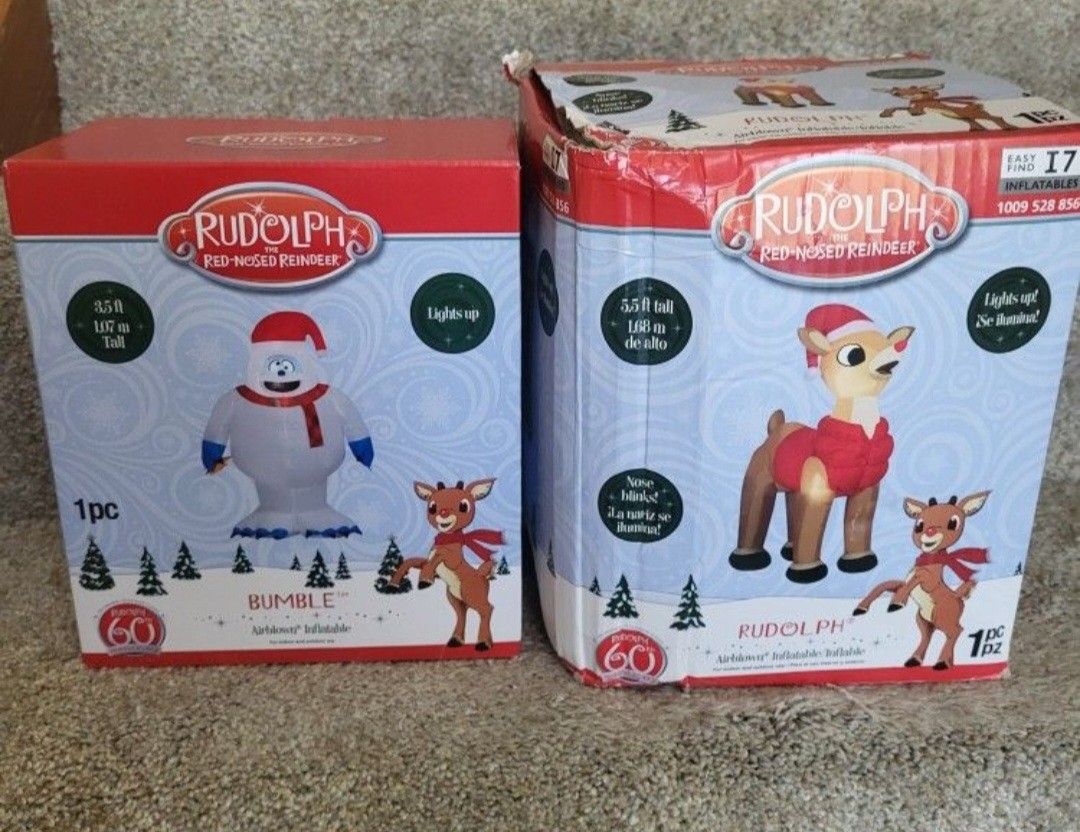 Pair Of 2 Rudolph The Red Nosed Reindeer And Bumble Christmas Inflatables