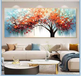 Textured Tree of Life Wall Art w/ Gold Framed 3D Abstract - Hand Painted Oil Painting (24” x 56”)