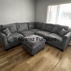 Dark Gray Corduroy Sectional Sofa With Ottoman