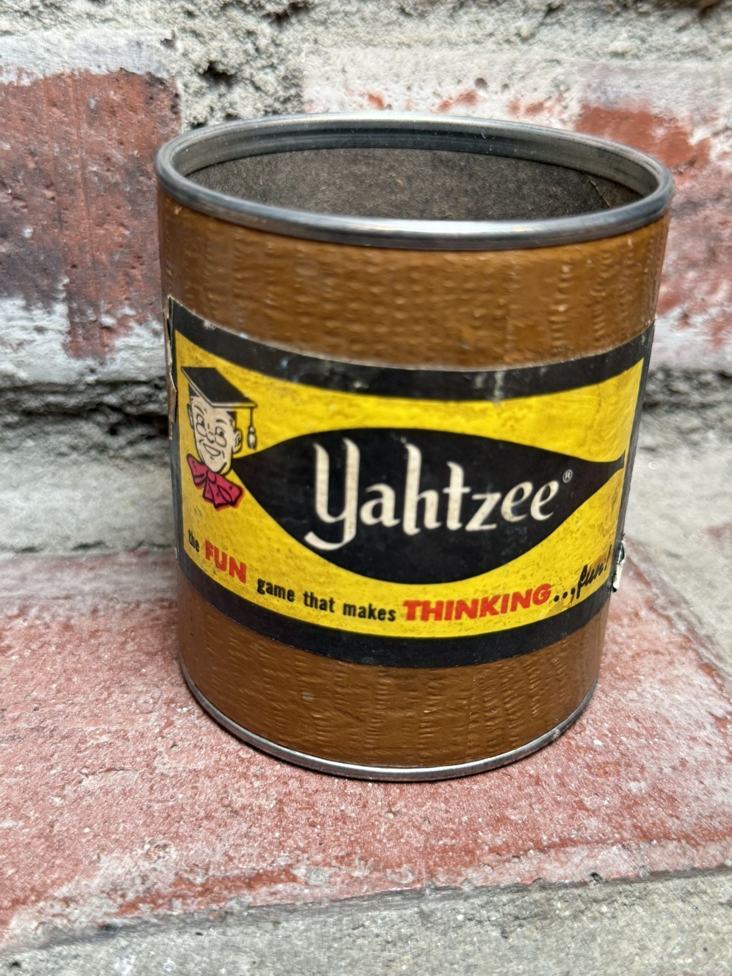 Vintage Yahtzee Dice Shaker Cup Leather Print Tin Can 1950s/1960s