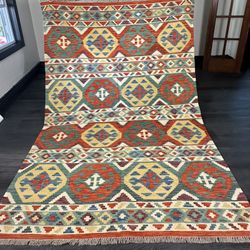 5 by 8 ft Handwoven Afghan Geometric Patterned Kilim Rug, 100% Natural Wool and Vegetable Dyes