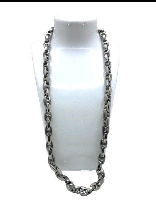 Men’s Stainless Steel Heavy Brushed Polished Link Necklace 24” Retail $225 NWT