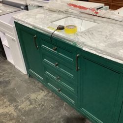 Home Decorators Collection Sandon 60 in. W x 22 in. D Bath Vanity in Green with Marble Vanity Top in Carrara White with White Basin