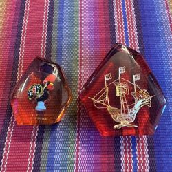 vintage Portuguese galleon paperweights made of lucite or resin with gold filigree detaili